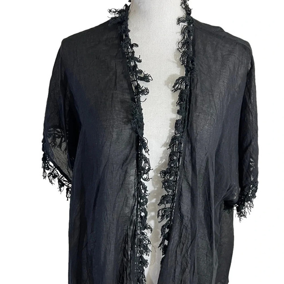 ASOS Black Lightweight Cardigan Size 6 Fringe Trim Short Sleeves Semi Sheer Top - Picture 4 of 7